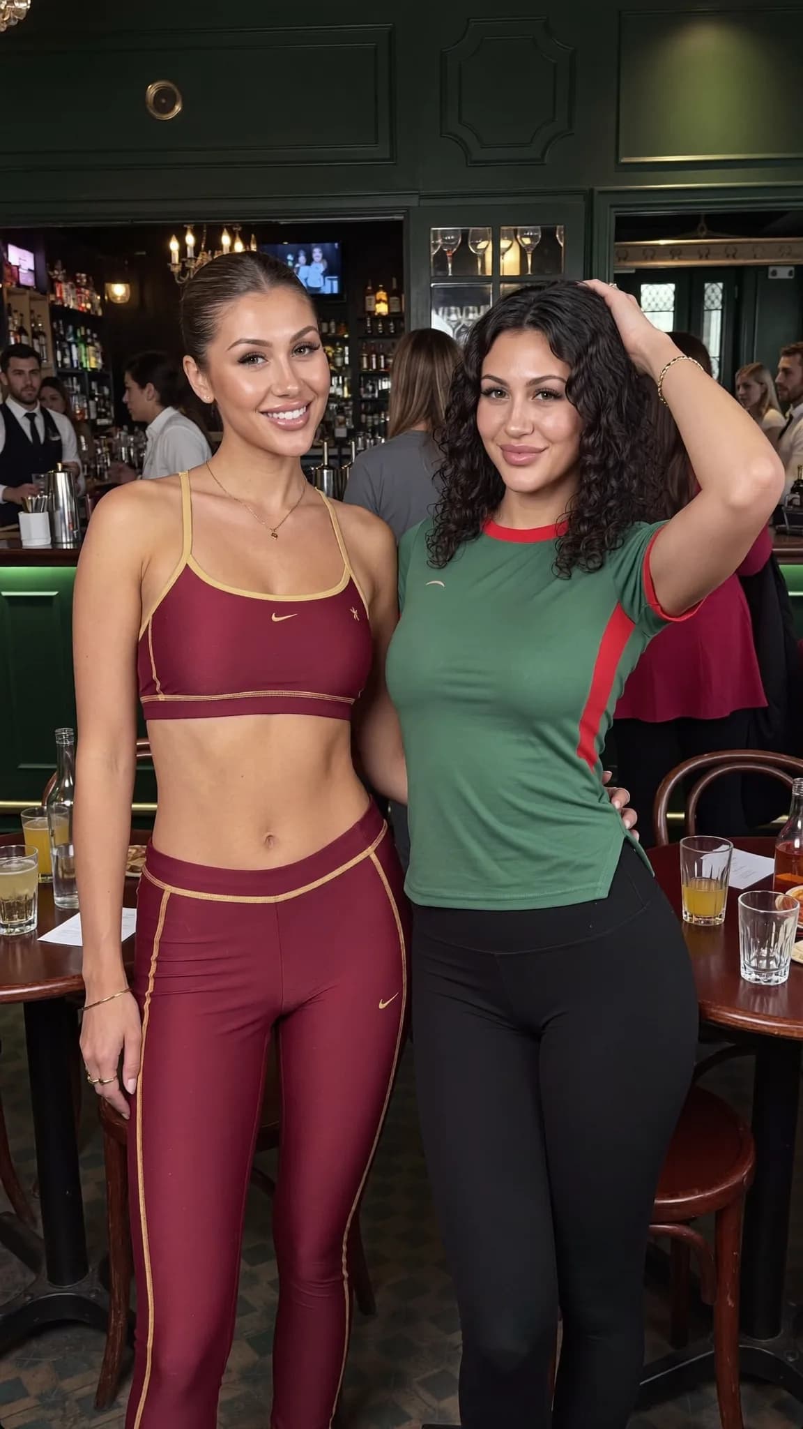 Two women in athletic attire pose together at a club.
