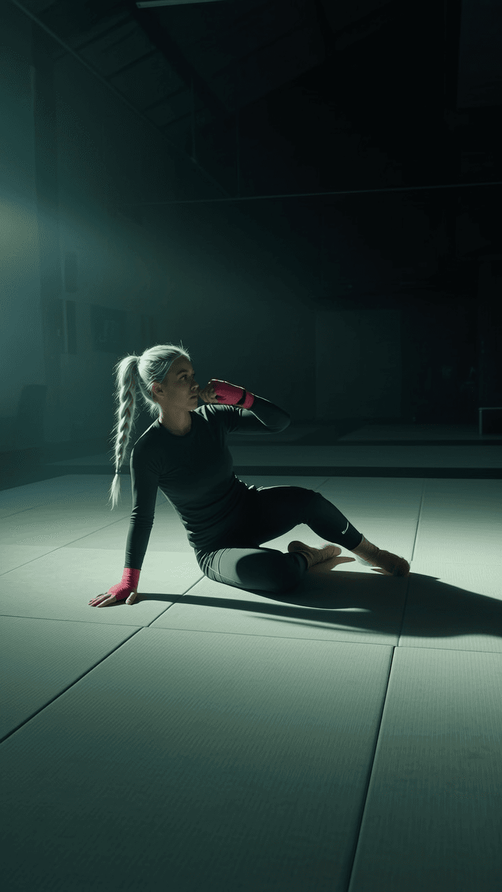 A woman with platinum blonde hair sits on a mat in a dimly lit studio, wearing pink boxing gloves and black athletic attire.