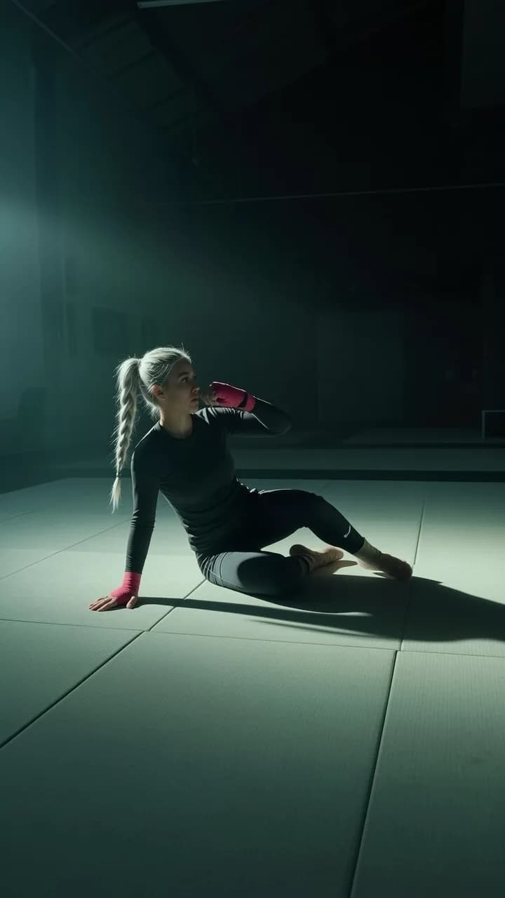 A woman with platinum blonde hair sits on a mat in a dimly lit studio, wearing pink boxing gloves and black athletic attire.