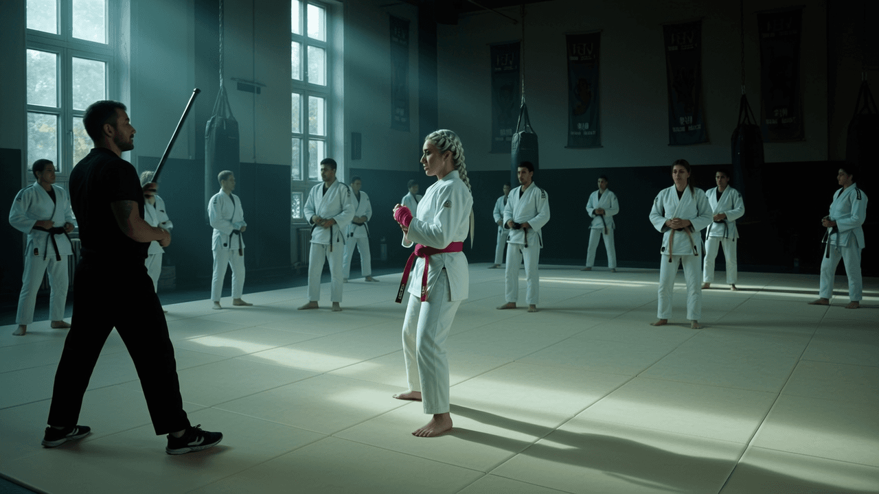 A blonde woman in a white martial arts uniform stands confidently as she faces an opponent holding a sword, with other students observing in the background.