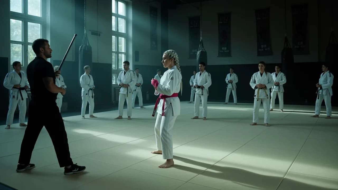 A blonde woman in a white martial arts uniform stands confidently as she faces an opponent holding a sword, with other students observing in the background.