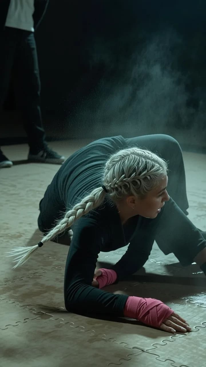 A woman with platinum blonde hair in a braided ponytail is performing an intense exercise on the floor, wearing pink wrist wraps and black athletic attire.