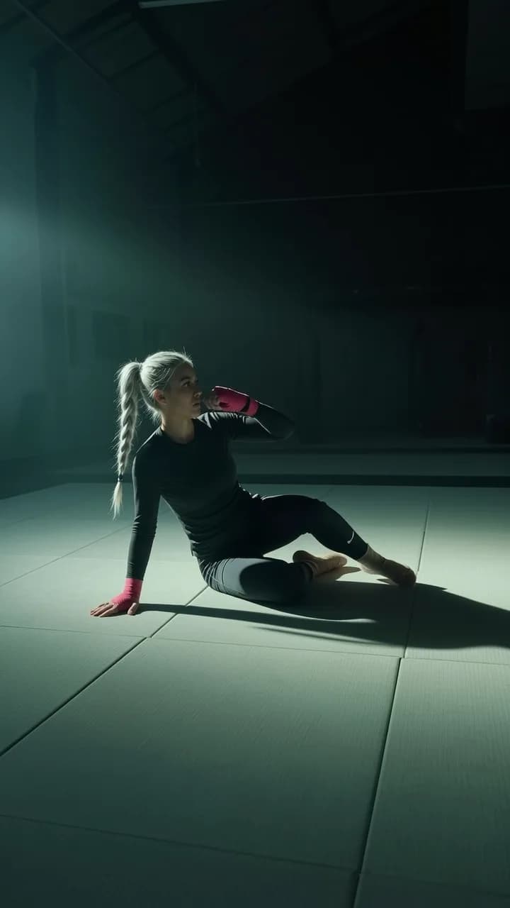 A woman with platinum blonde hair sits on a mat in a dimly lit studio, wearing athletic attire and pink gloves.