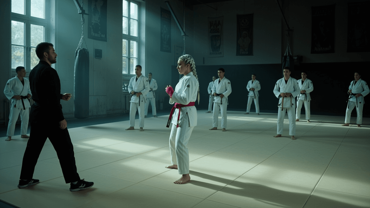 A martial arts instructor stands in front of a group of students, with one student facing him and wearing red gloves.