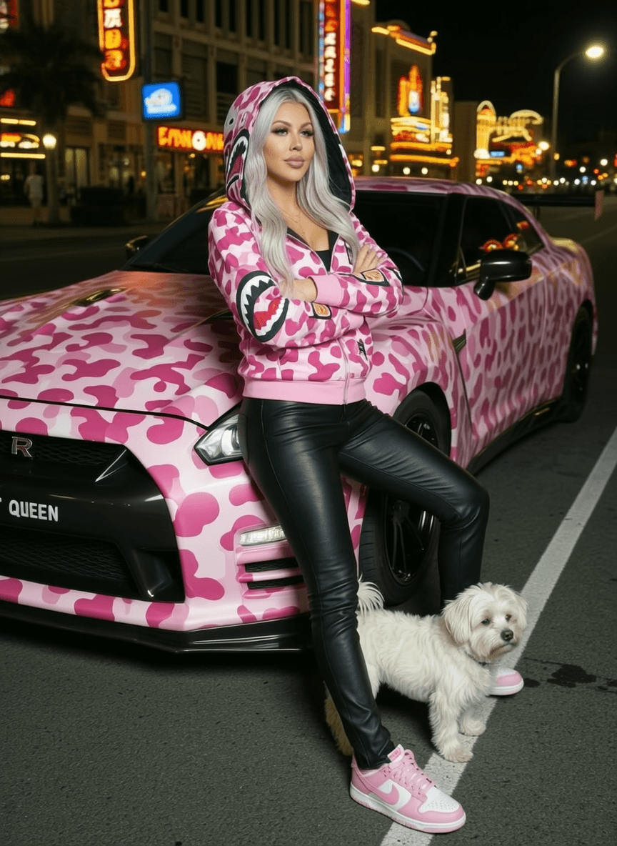 A woman in a dress stands outdoors, exuding confidence and allure.