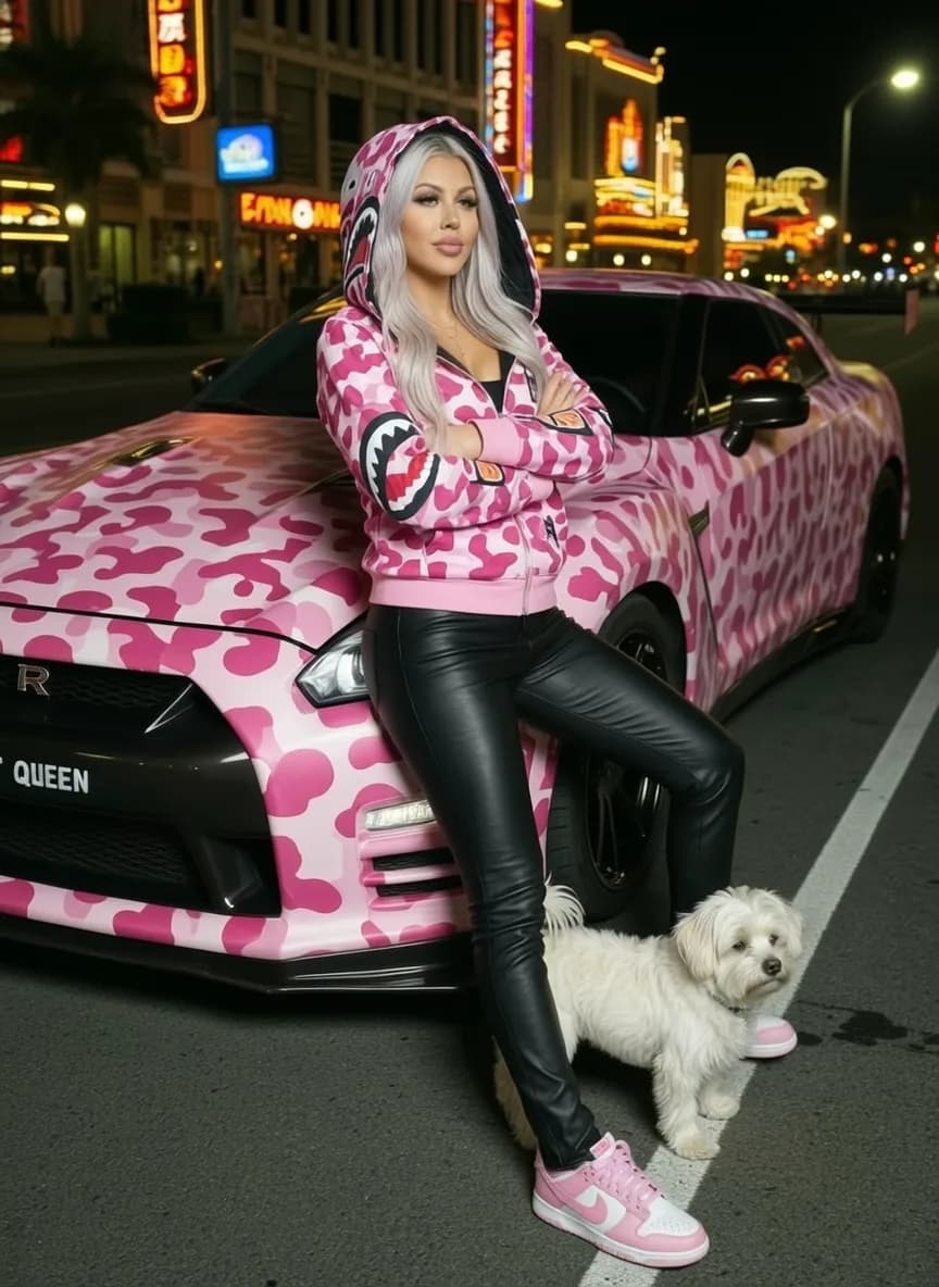 A woman in a dress stands outdoors, exuding confidence and allure.
