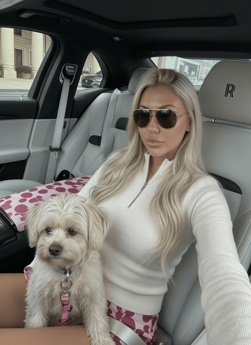 A woman with long blonde hair and sunglasses sits in a luxury car, holding her small dog.