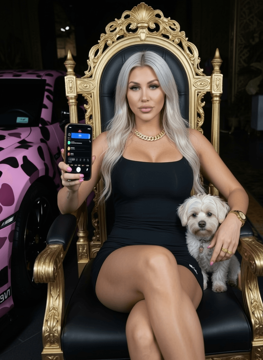 A woman with platinum blonde hair sits on a golden throne, holding her phone and posing with a small white dog in front of a pink car.