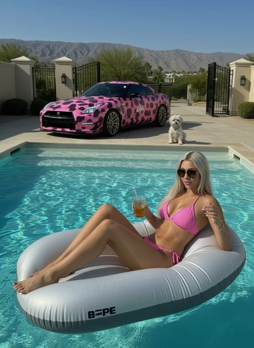 A woman in a pink swimsuit lounges on an inflatable pool float, with a vibrant pink sports car and a small white dog in the background.