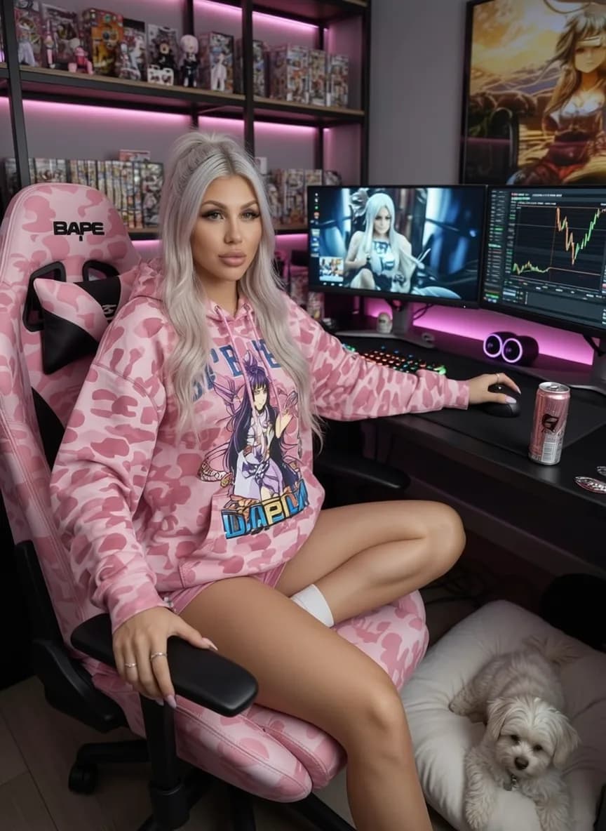 A woman in a pink camouflage hoodie sits at her gaming desk with a small dog nearby.