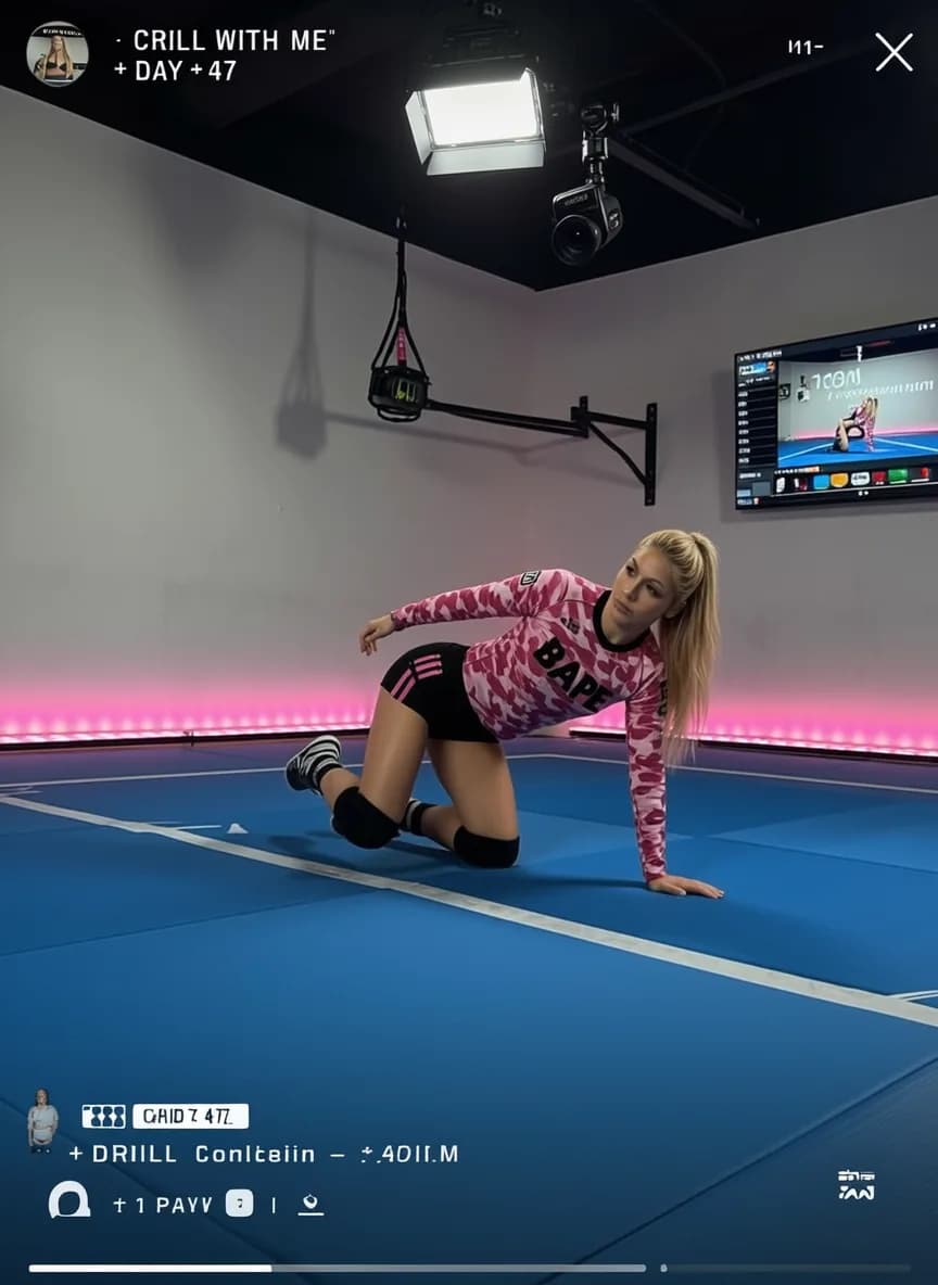 A woman in a pink camouflage outfit is posing on a blue mat with a TV screen and lighting equipment in the background.