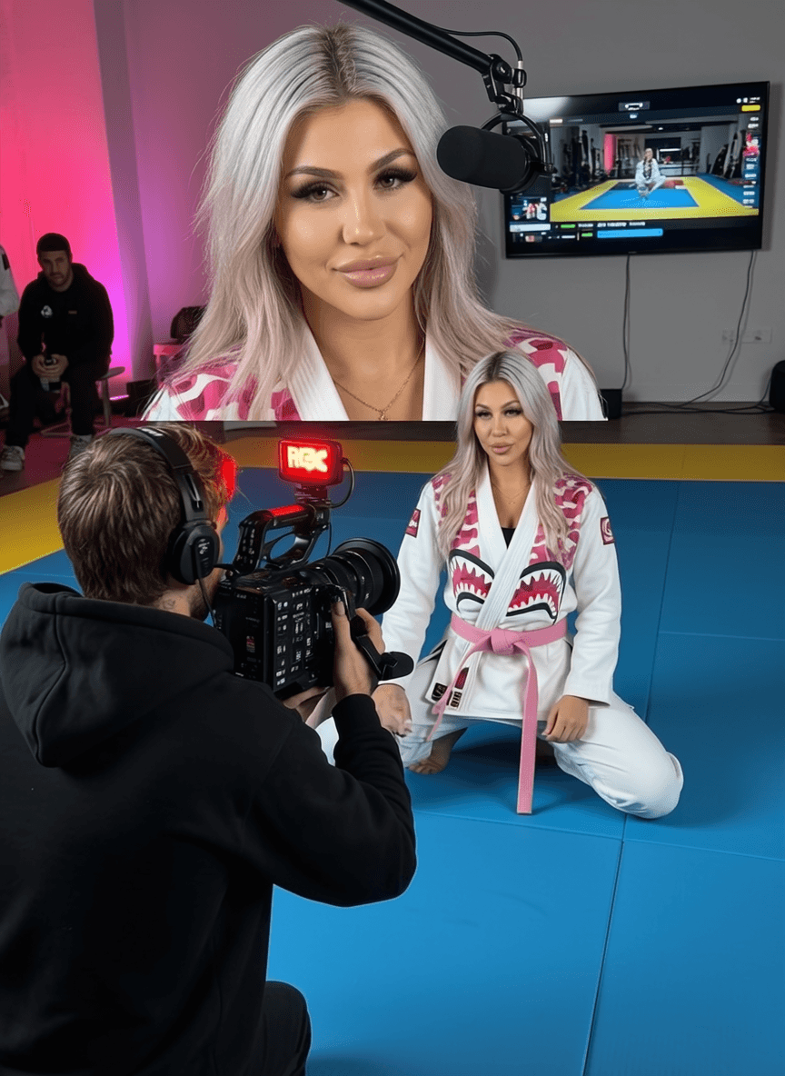 A woman in a white and pink martial arts uniform is being filmed by a cameraman, with another person visible in the background.