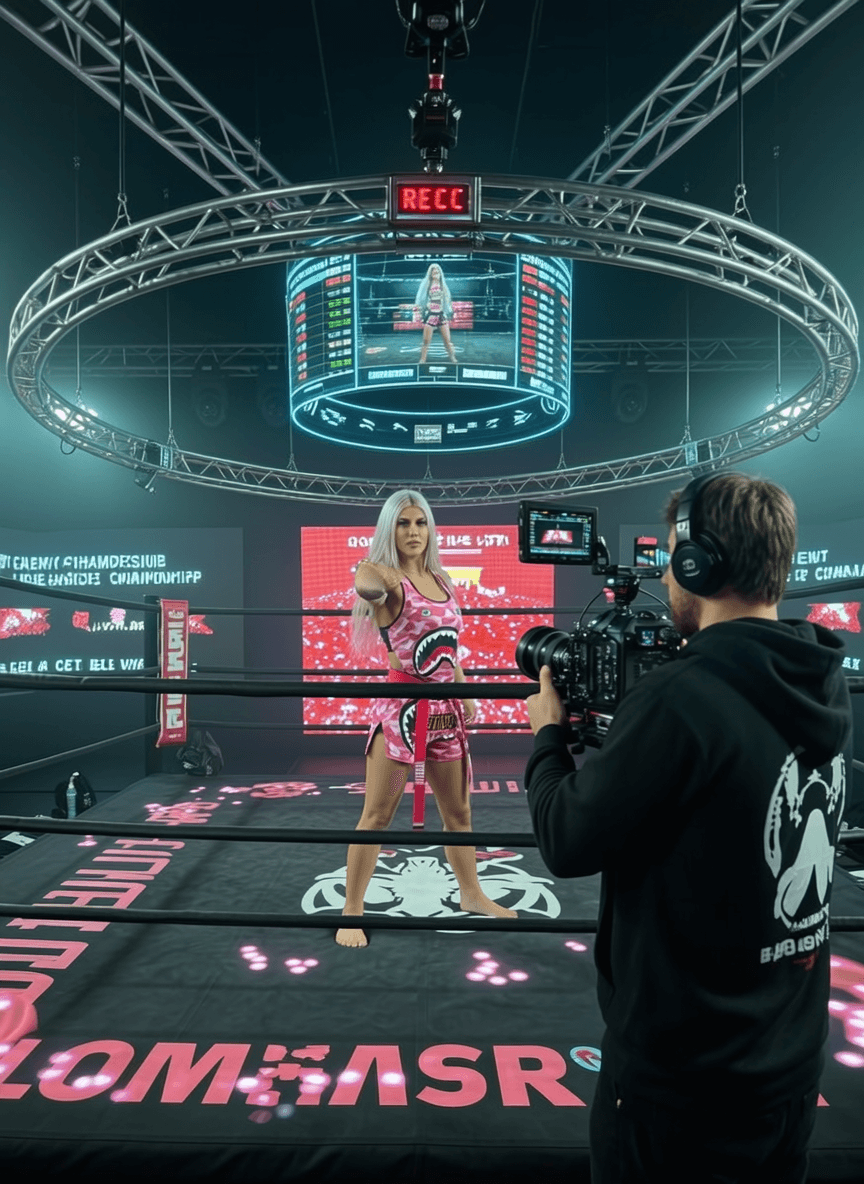 A woman in a pink swimsuit poses confidently inside a studio ring, with digital screens and lighting enhancing the scene.