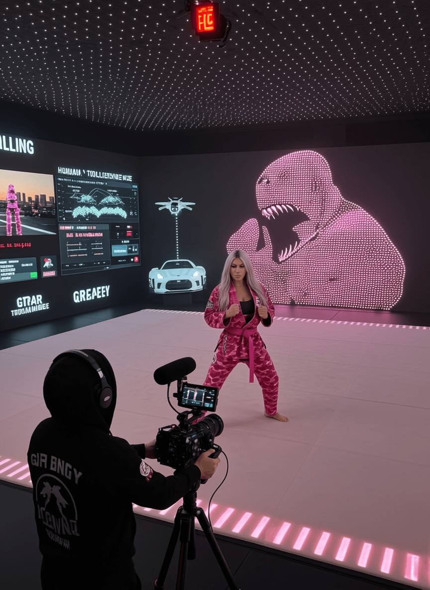 A woman in a pink athletic outfit poses confidently on set, with digital screens and futuristic decor in the background.