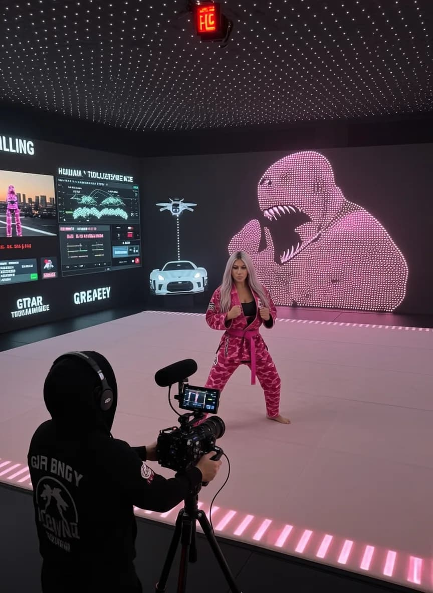 A woman in a pink athletic outfit poses confidently on set, with digital screens and futuristic decor in the background.