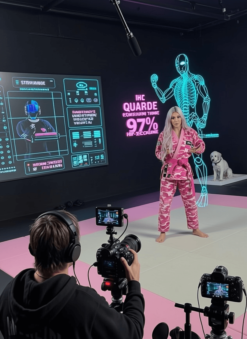 A woman in a pink camouflage outfit poses confidently on set with cameras and neon graphics.