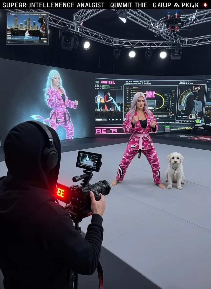 A woman in a pink camouflage outfit poses confidently on set with a dog, surrounded by digital screens and lighting equipment.