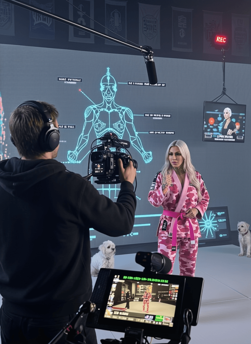 A woman in a pink camouflage outfit poses confidently on set with two dogs and filming equipment around her.