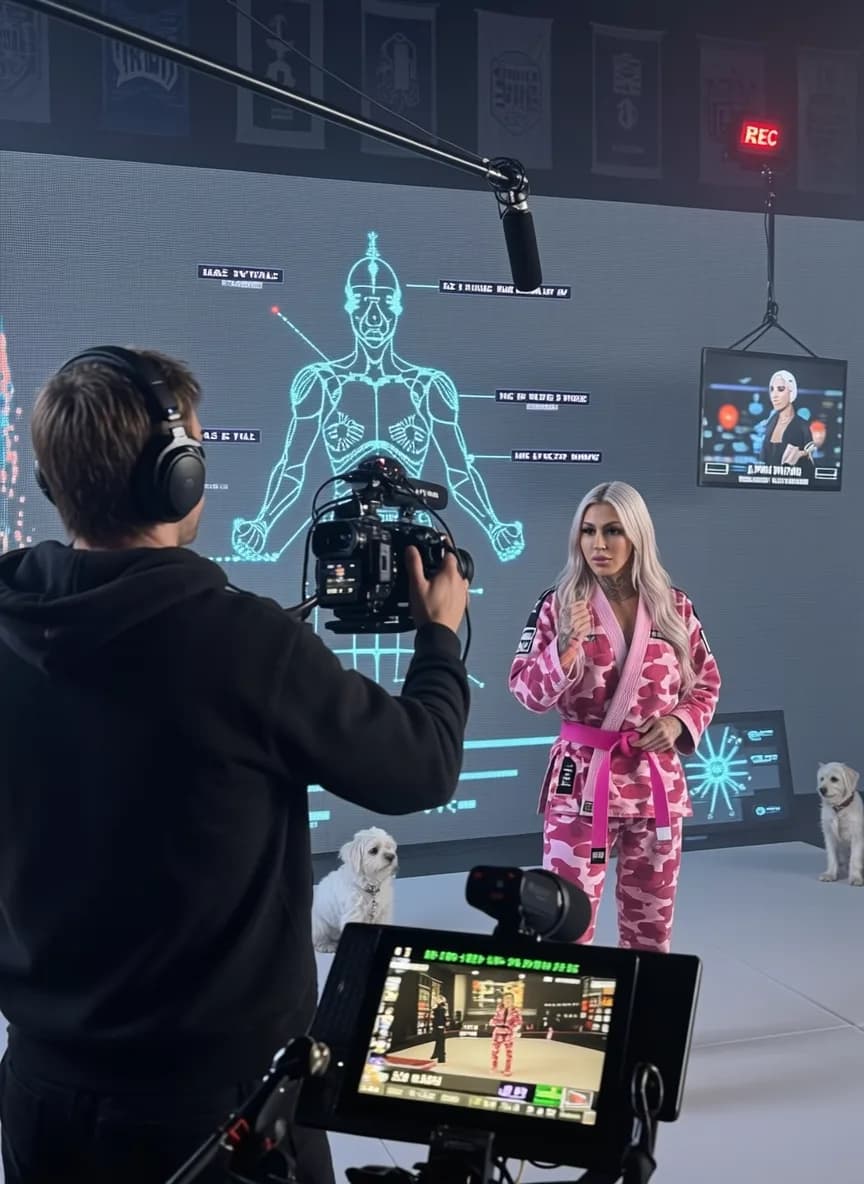 A woman in a pink camouflage outfit poses confidently on set with two dogs and filming equipment around her.