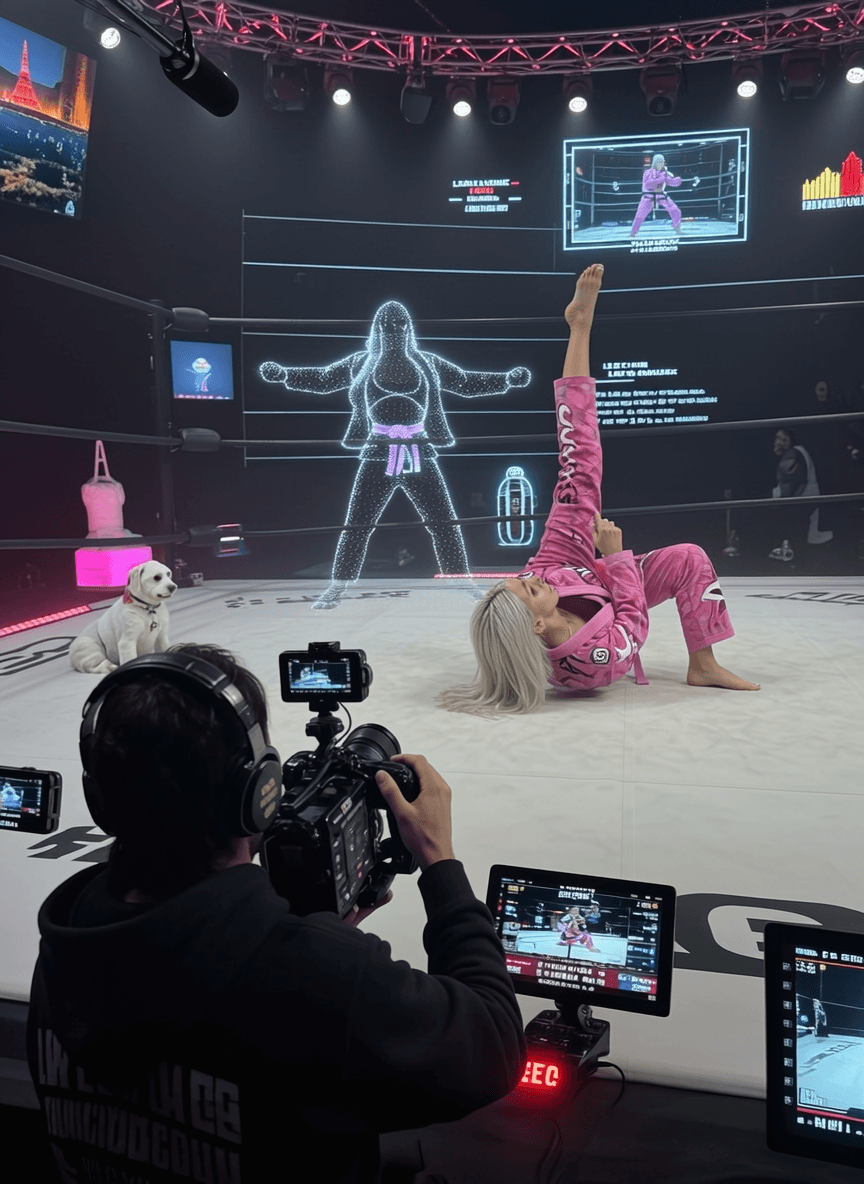 A woman in a pink athletic outfit performs a pose on a stage with digital overlays and cameras, while a dog sits nearby.