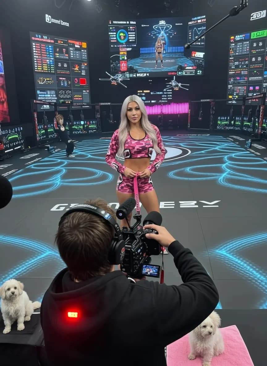 A woman in a pink camouflage outfit poses for the camera in a studio setting with two small white dogs nearby.