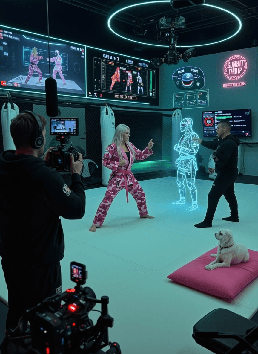 A woman in a pink martial arts outfit practices with an augmented reality opponent while being filmed by a crew.