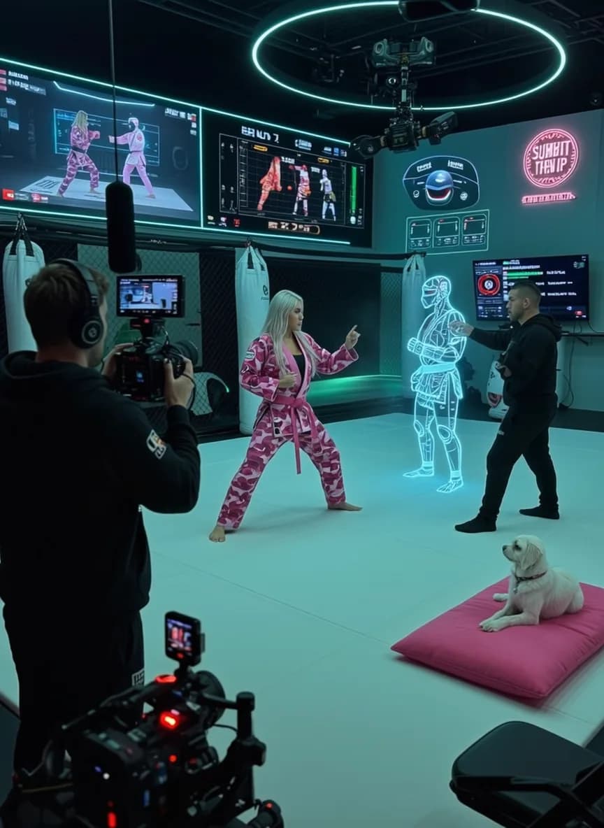 A woman in a pink martial arts outfit practices with an augmented reality opponent while being filmed by a crew.