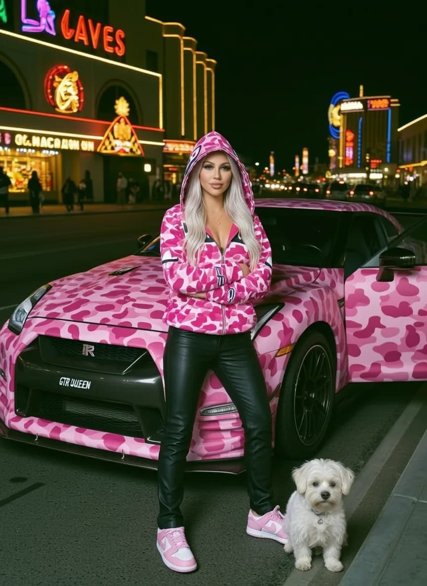 A woman in a pink camouflage outfit stands confidently next to her matching car on a vibrant city street.
