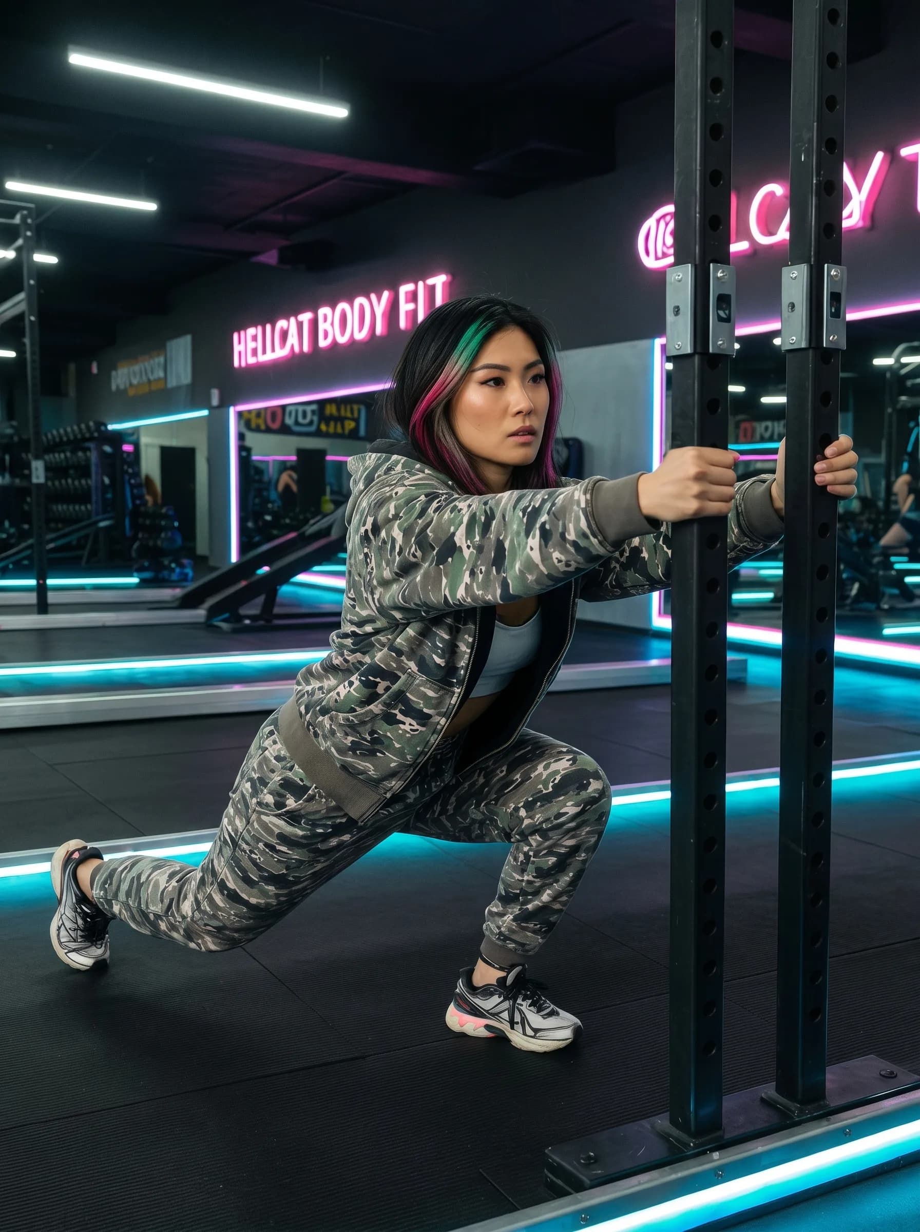 A woman with a pixie cut and septum ring performs an action pose in a gym setting, wearing camouflage athleisure attire.