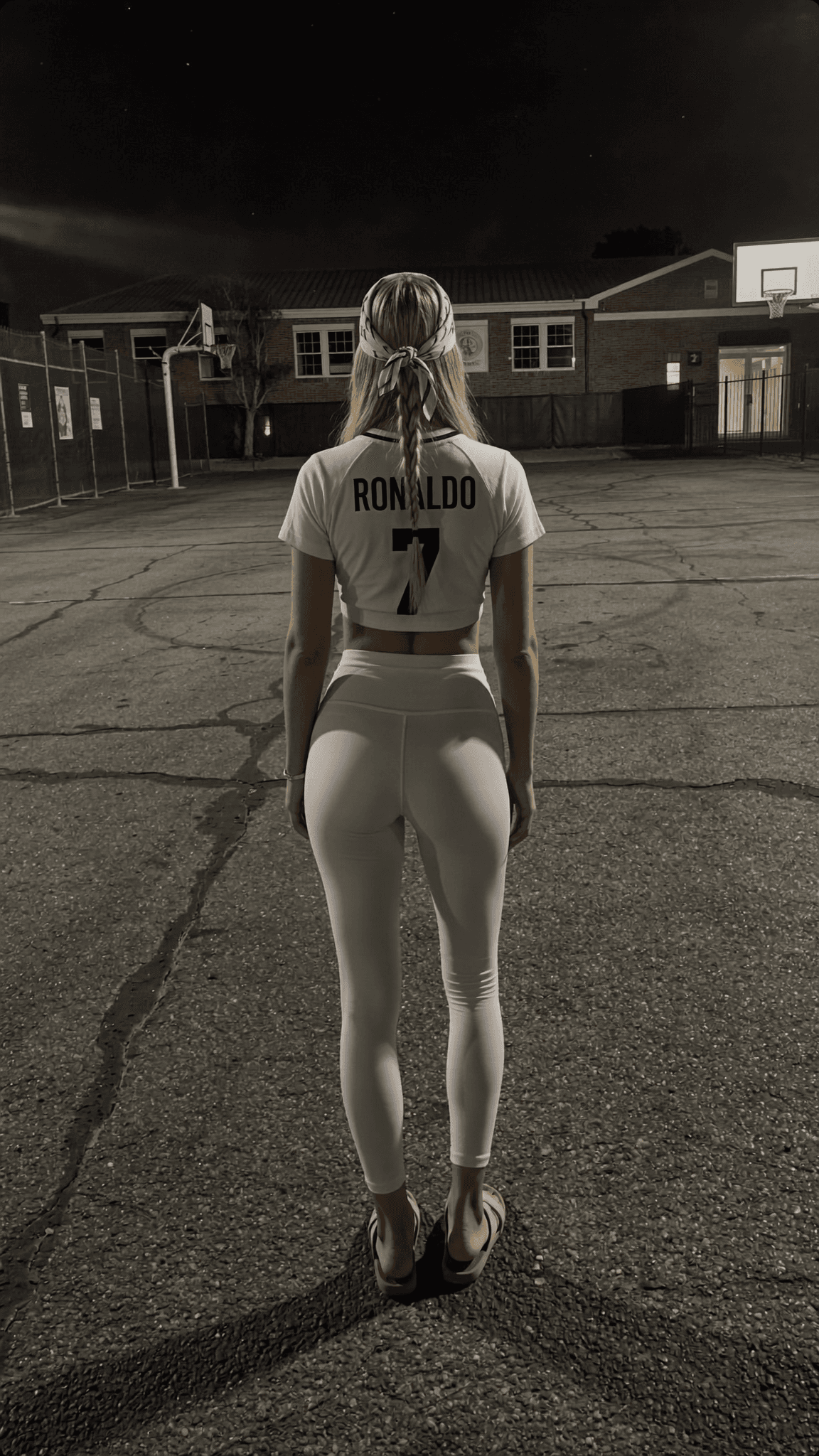 A woman wearing a 'RONALDO' shirt and leggings stands on an outdoor basketball court at night.