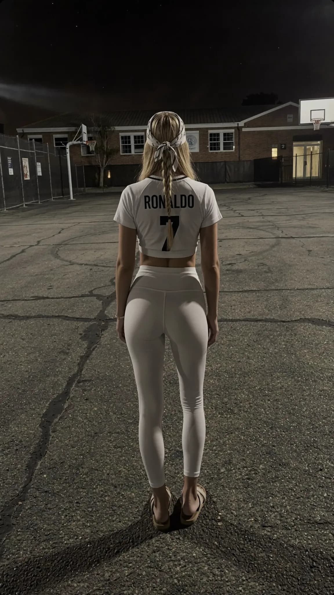 A woman wearing a 'RONALDO' shirt and leggings stands on an outdoor basketball court at night.