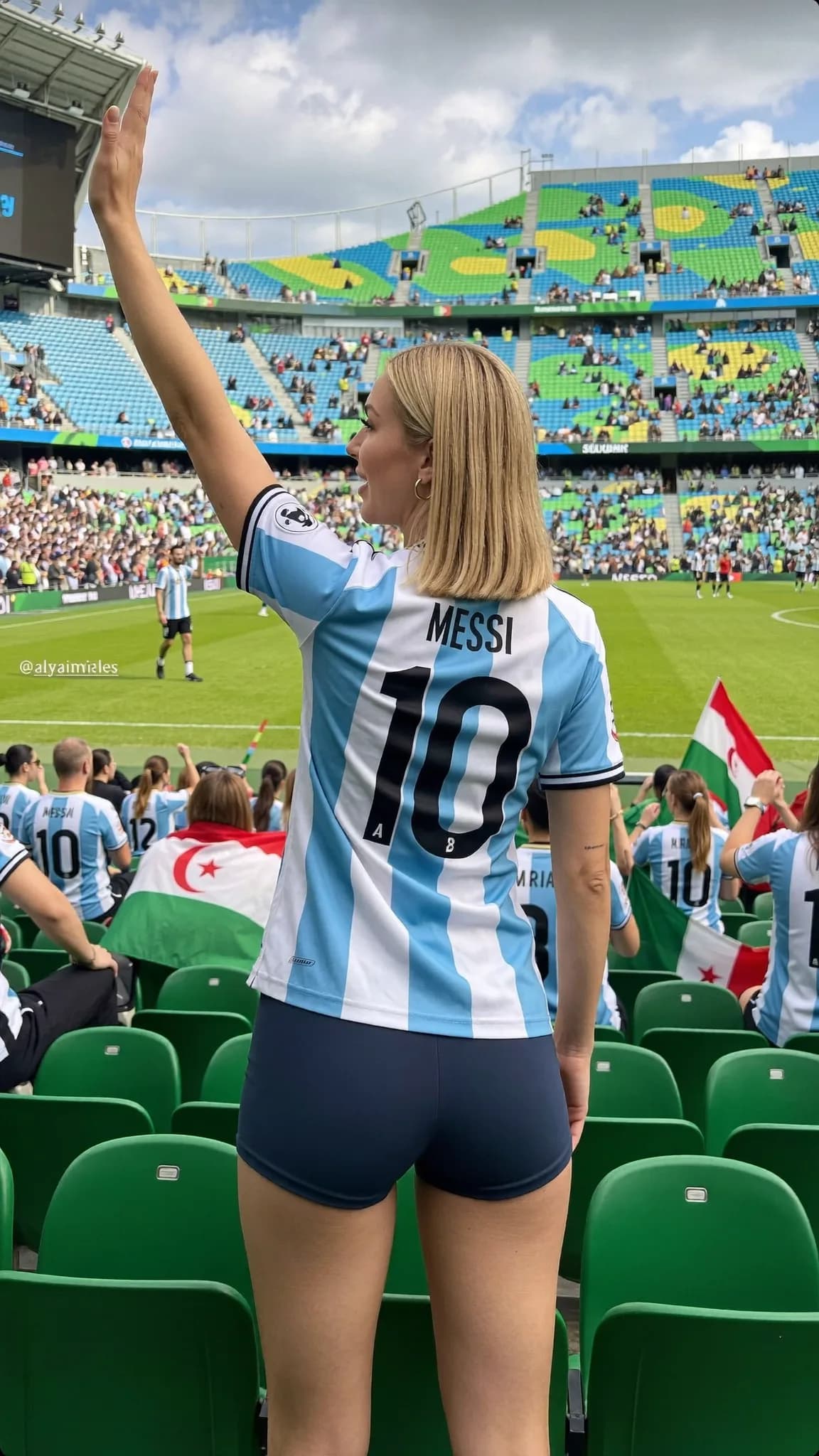 A woman wearing a Messi jersey waves at the camera while attending an outdoor soccer match.