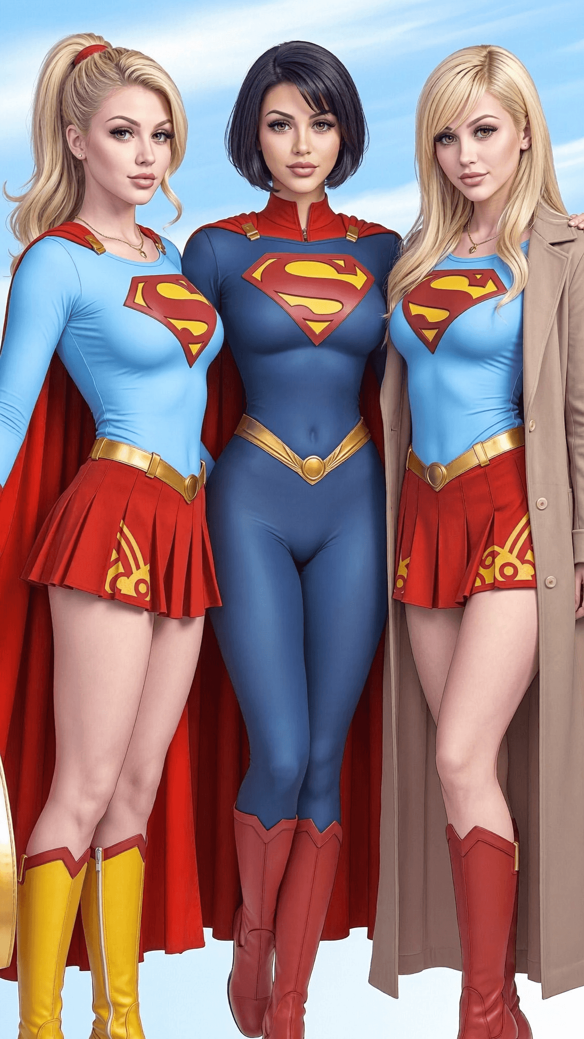 Three individuals dressed as Supergirls stand together outdoors.