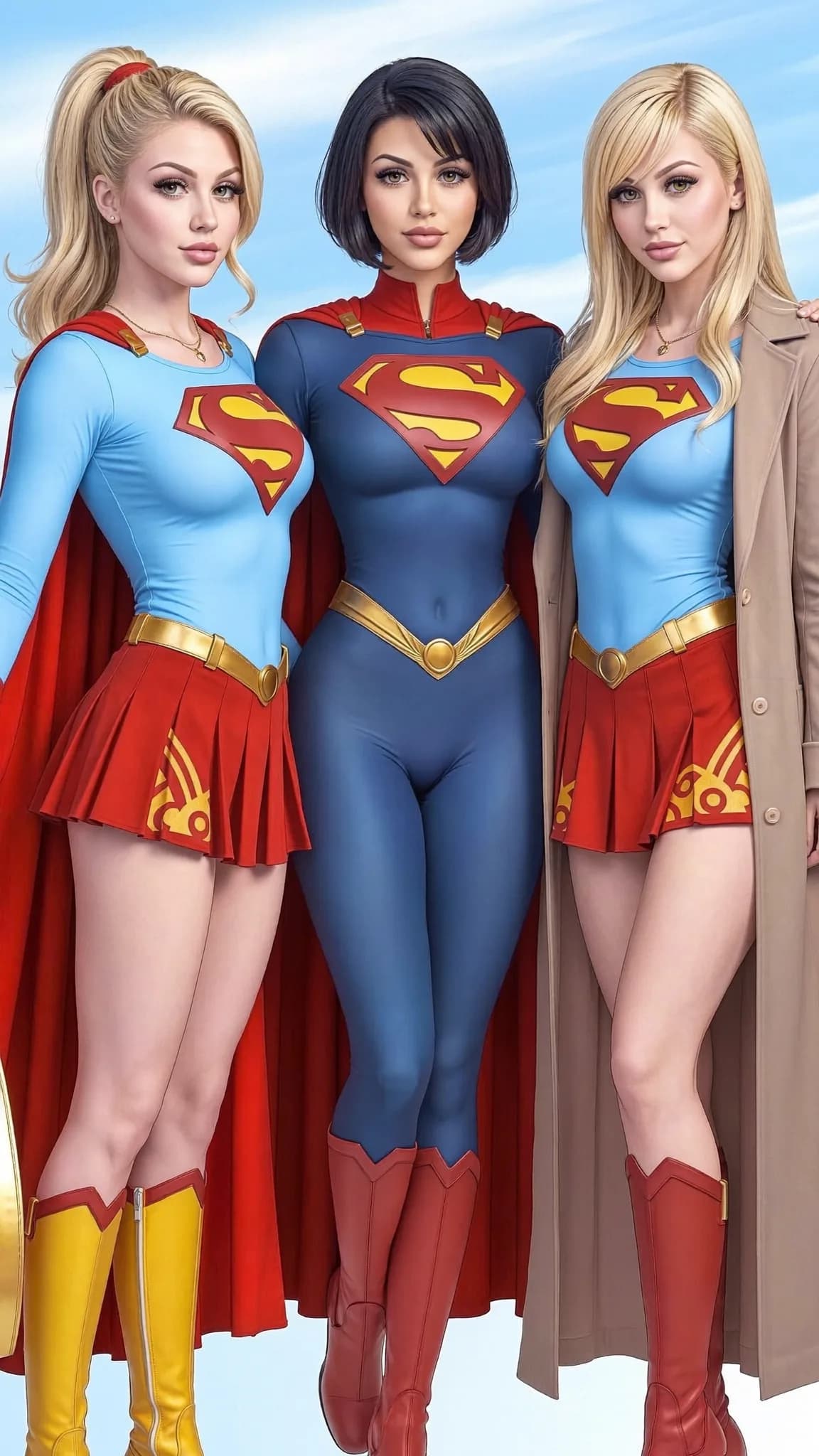 Three individuals dressed as Supergirls stand together outdoors.