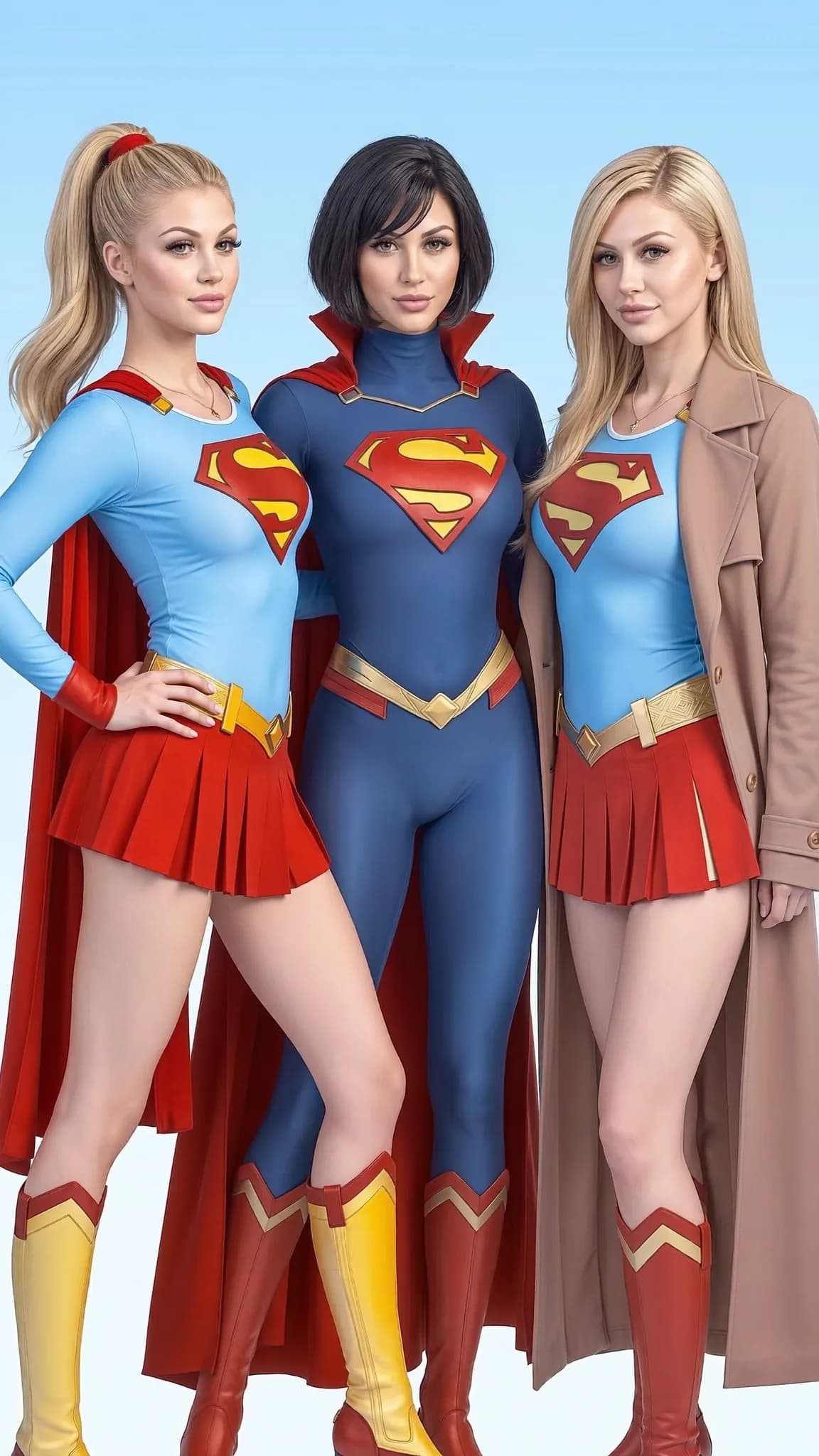 Three individuals dressed as Supergirl stand confidently in a studio setting.