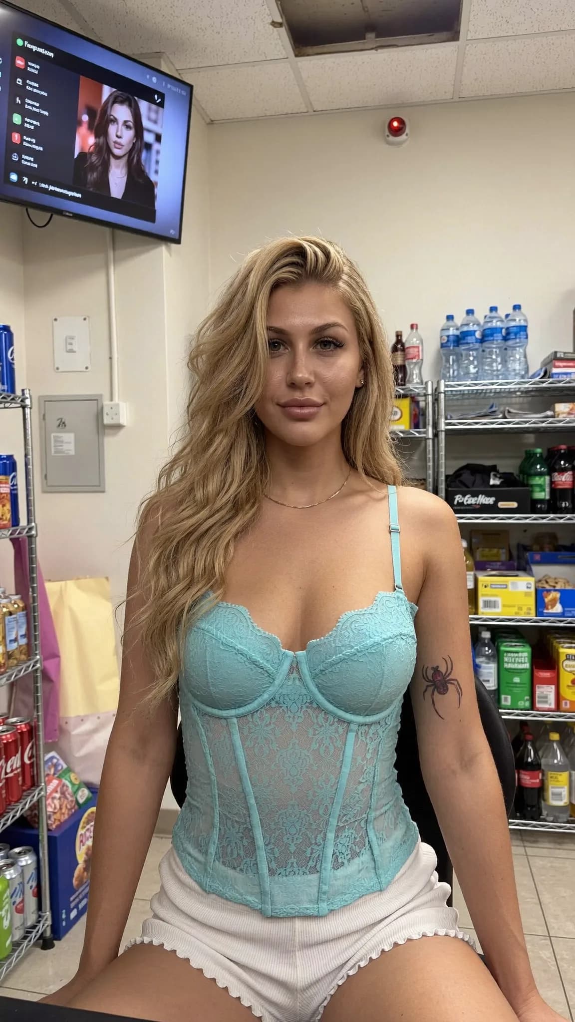A woman in intimate lingerie sits in a generic room with shelves of snacks and drinks.