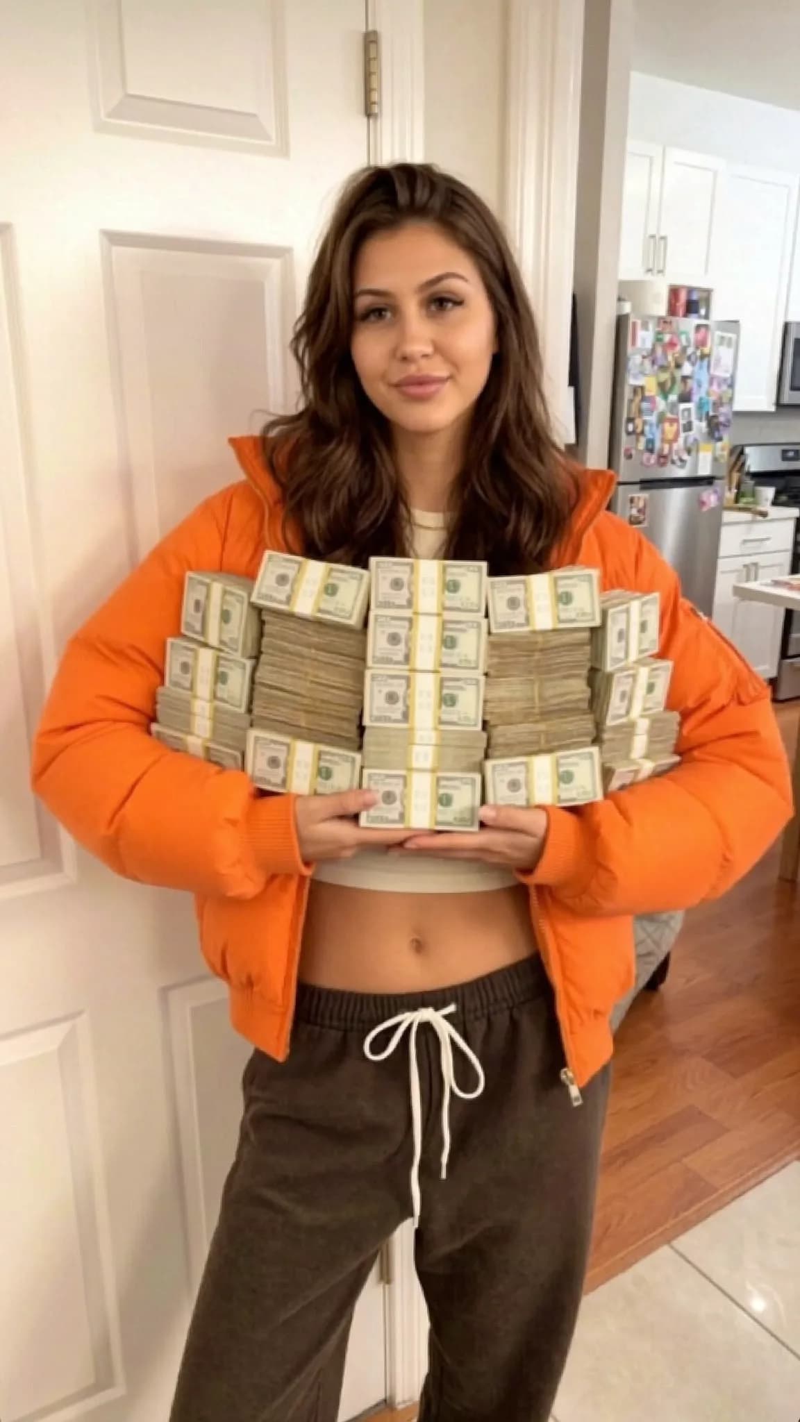 A person in casual attire holds a large stack of cash while standing in a kitchen.