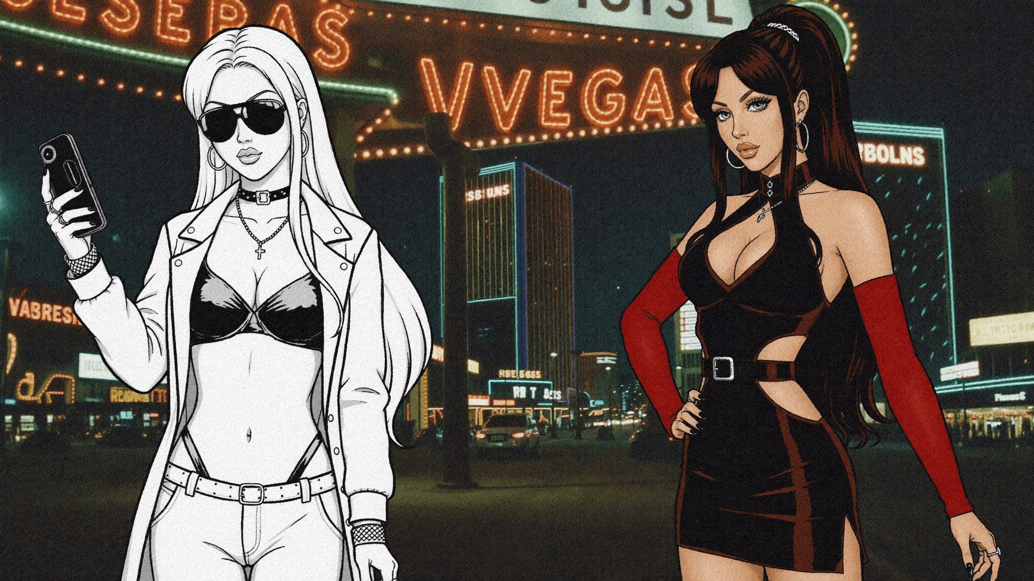 Two stylish women stand confidently on a Las Vegas street at night, illuminated by neon signs.