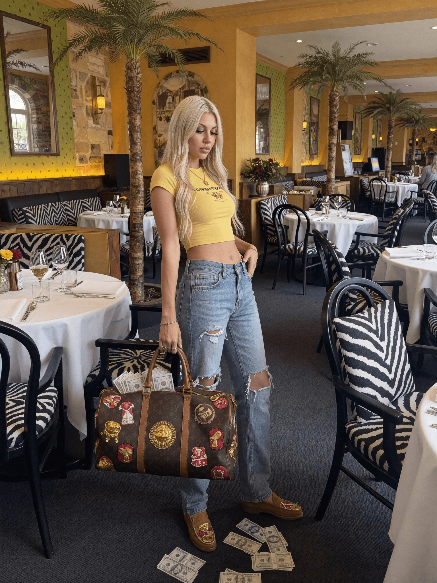 A woman in a yellow crop top and ripped jeans stands confidently in a restaurant, holding a designer bag with cash scattered around her feet.