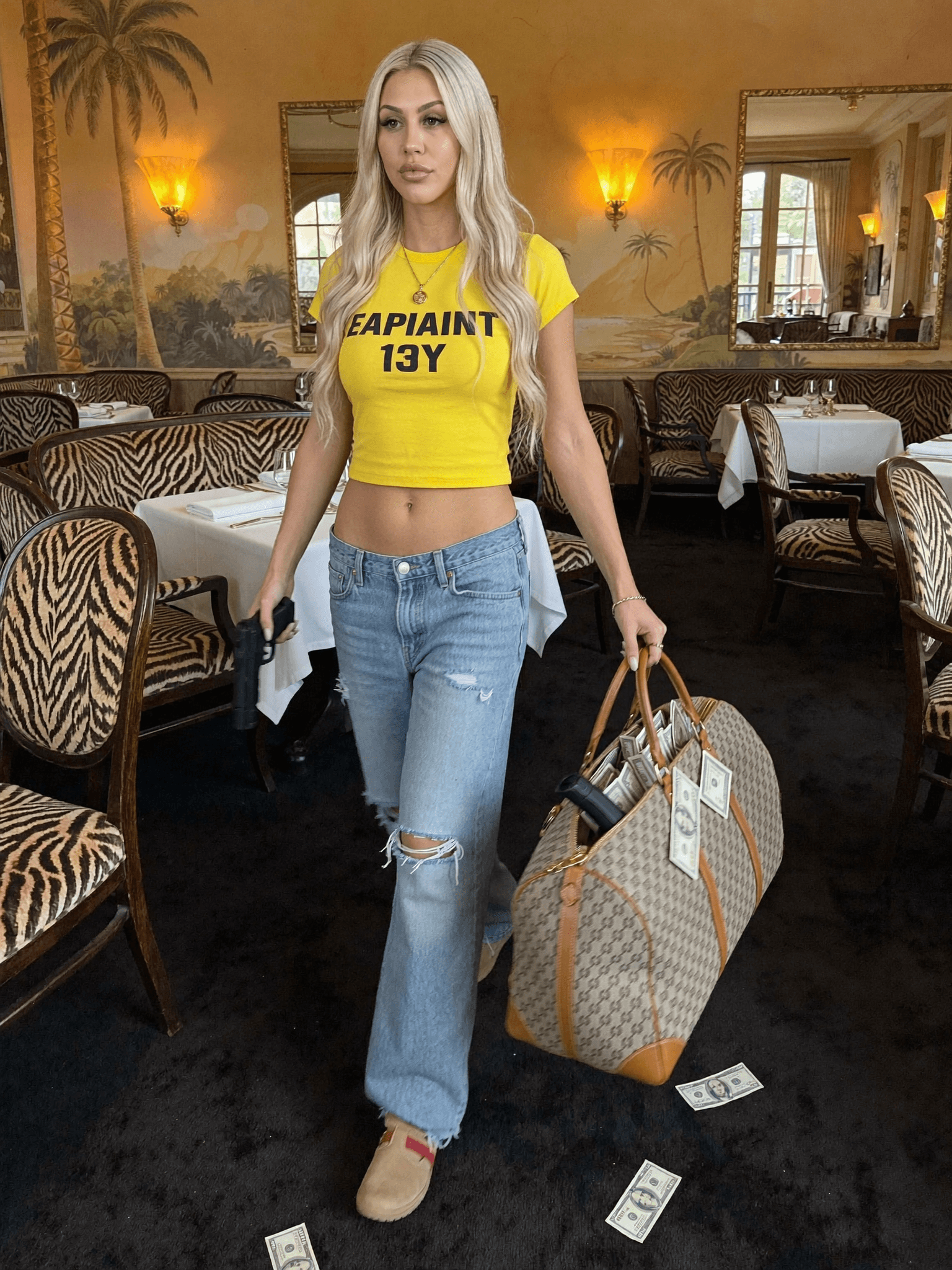 A woman in casual attire stands confidently with a duffel bag and money scattered around her.