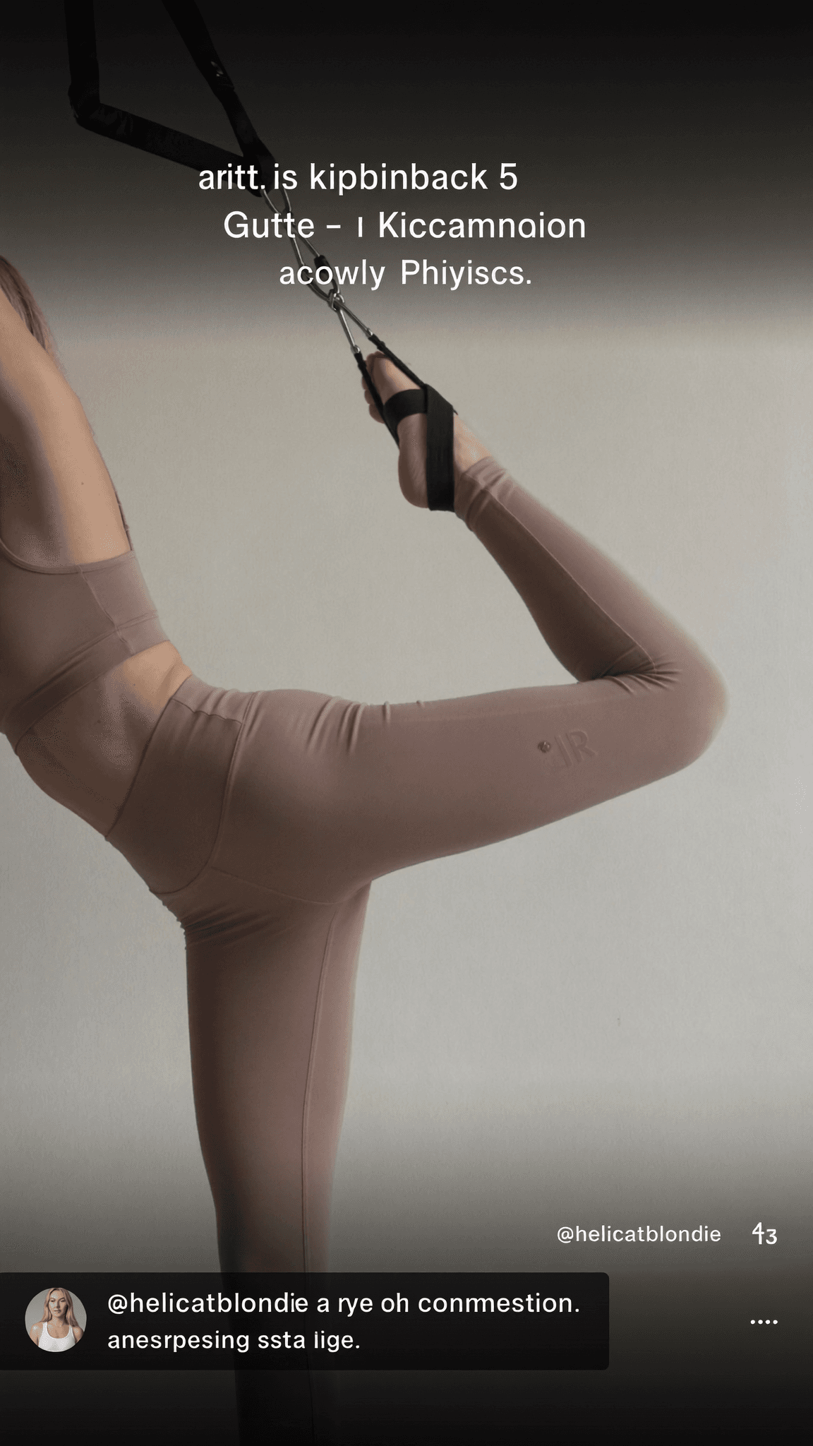 A woman in athletic wear performs a yoga pose with resistance bands.