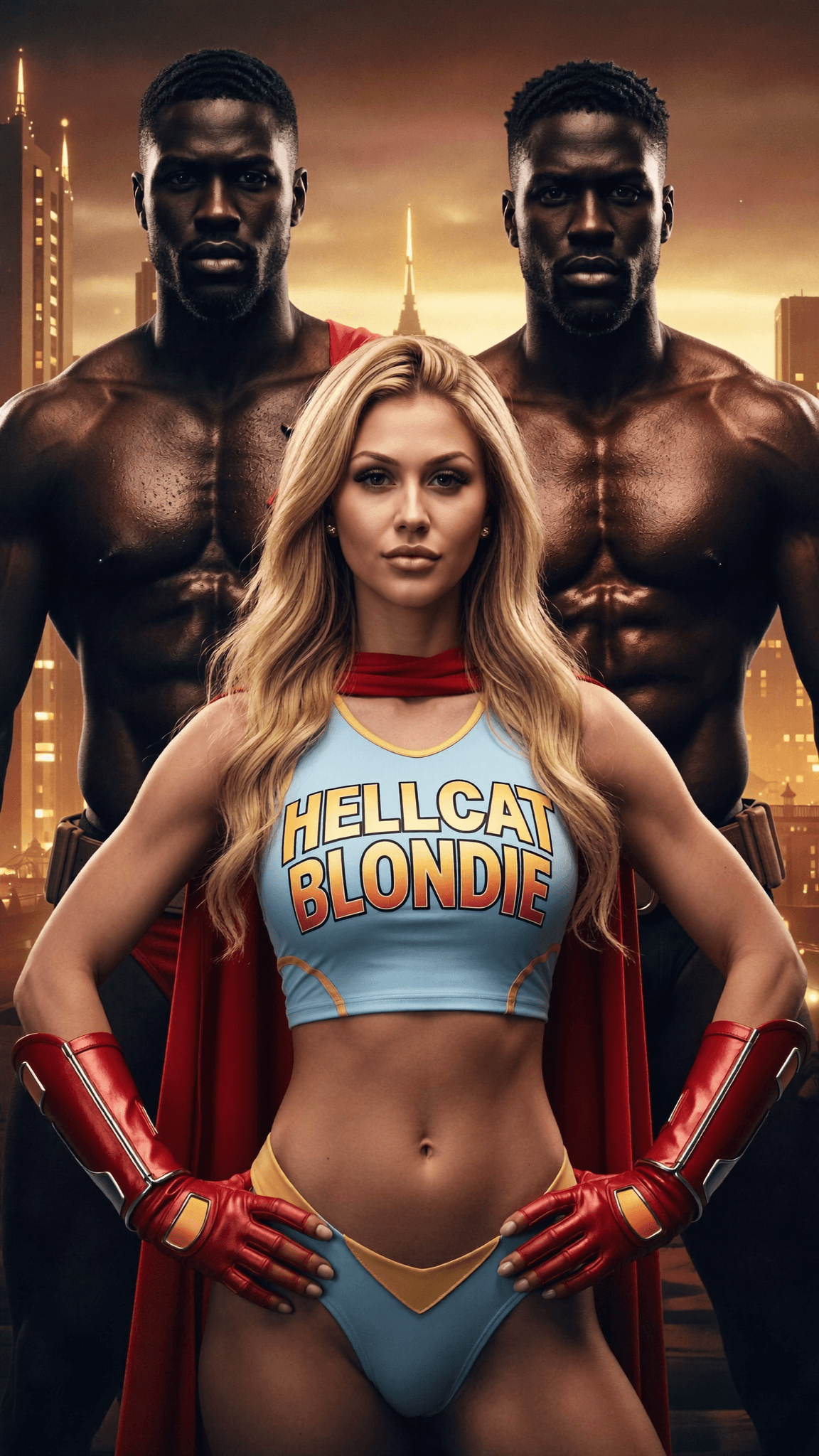 A confident woman in a superhero costume stands with two muscular men behind her against an urban backdrop.