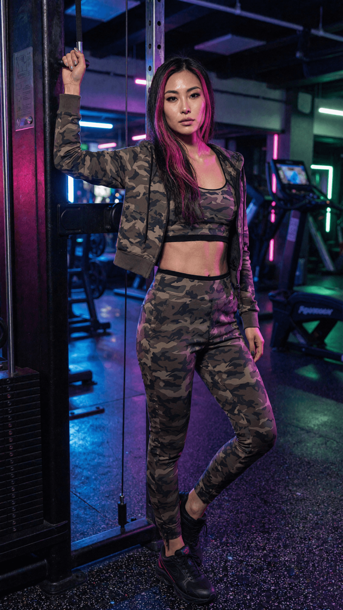 A woman in camouflage athletic wear poses confidently in a gym setting.
