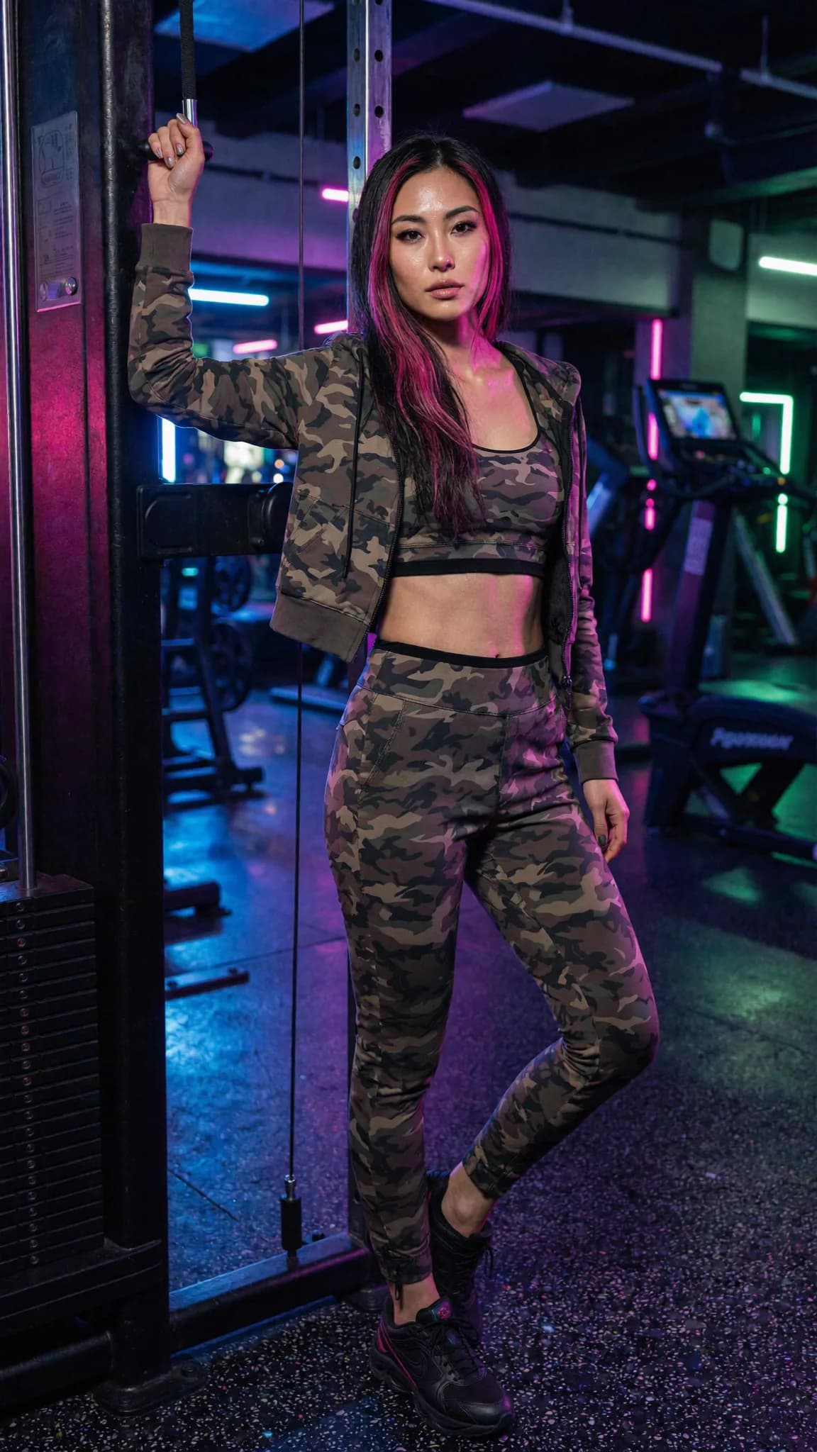 A woman in camouflage athletic wear poses confidently in a gym setting.