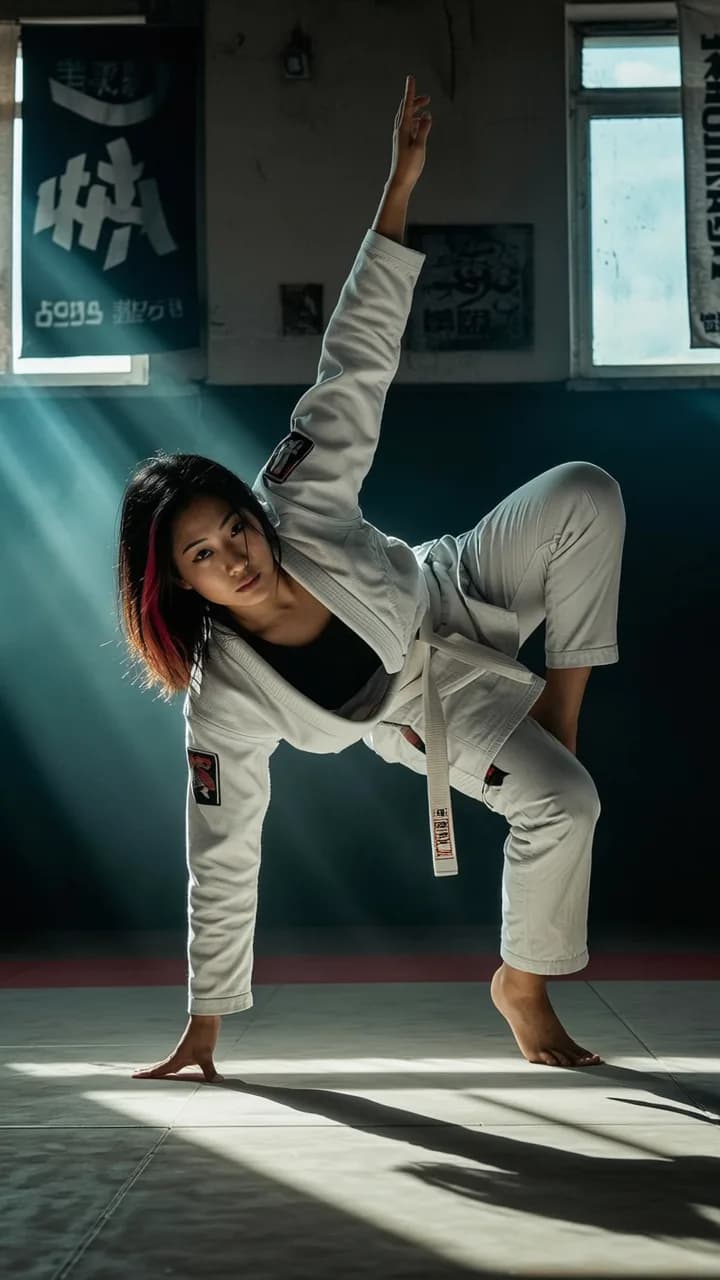 A determined martial artist in a white gi strikes an intense pose, illuminated by dramatic lighting.