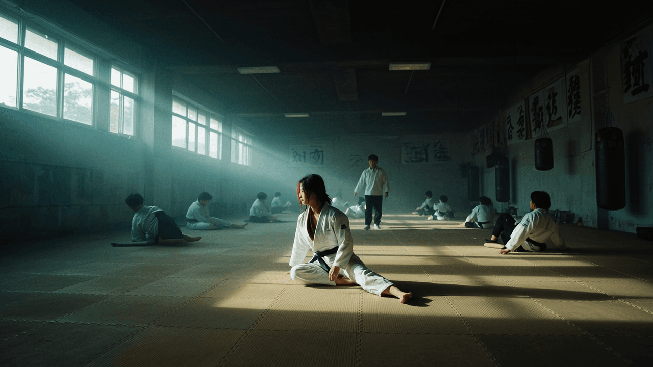 A group of individuals in martial arts uniforms sit and stand in a dimly lit studio with soft natural light filtering through the windows.