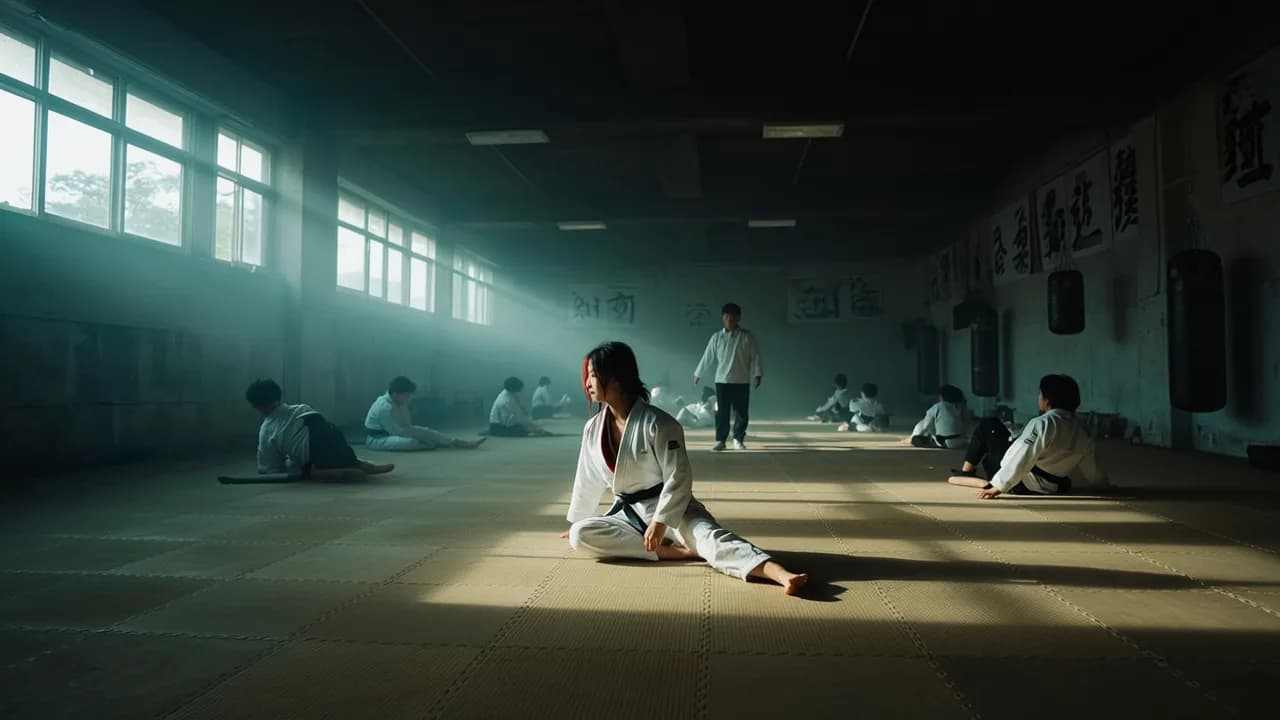 A group of individuals in martial arts uniforms sit and stand in a dimly lit studio with soft natural light filtering through the windows.