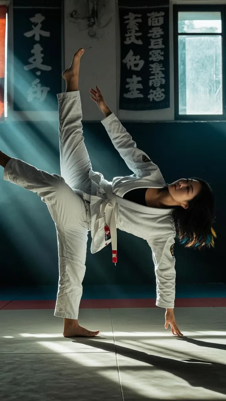 A martial artist performs a dynamic pose in a studio setting.
