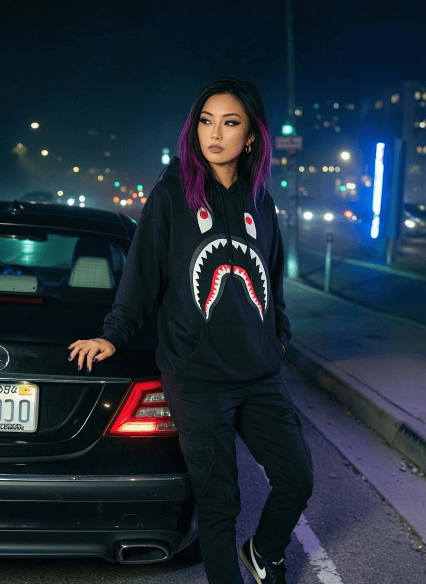 A woman with purple highlights leans against a car on a city street at night, wearing a hoodie with a shark face design.