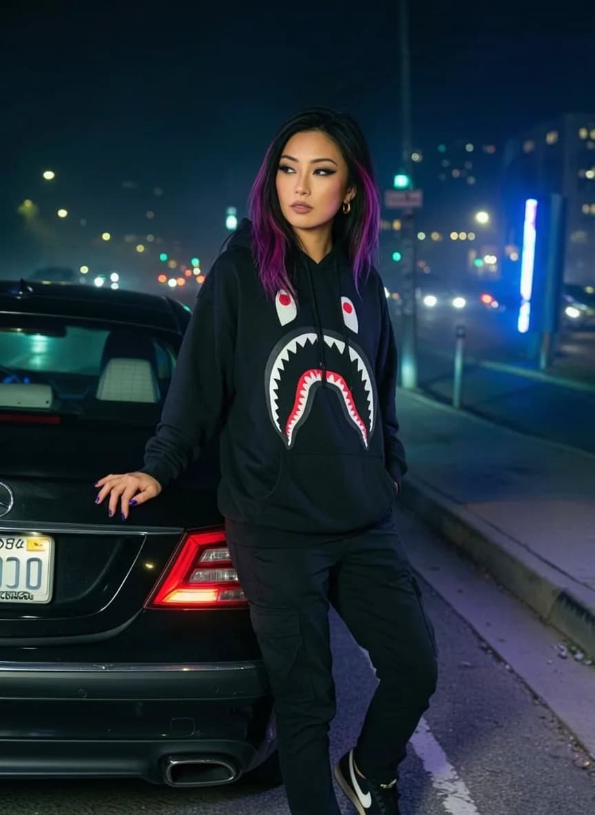 A woman with purple highlights leans against a car on a city street at night, wearing a hoodie with a shark face design.